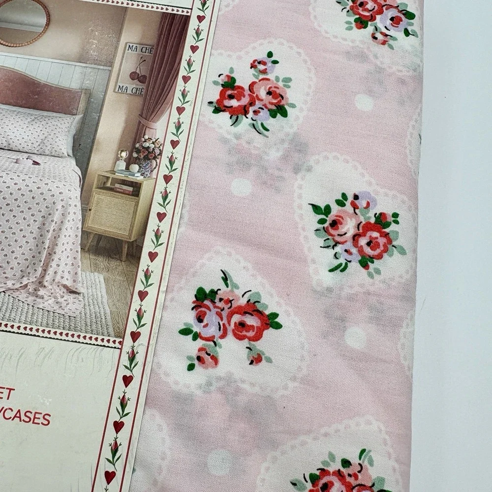 CATH KIDSTON Cotton Roses Lace Hearts PINK Love 4pc Sheet Set Coquette FULL Soft